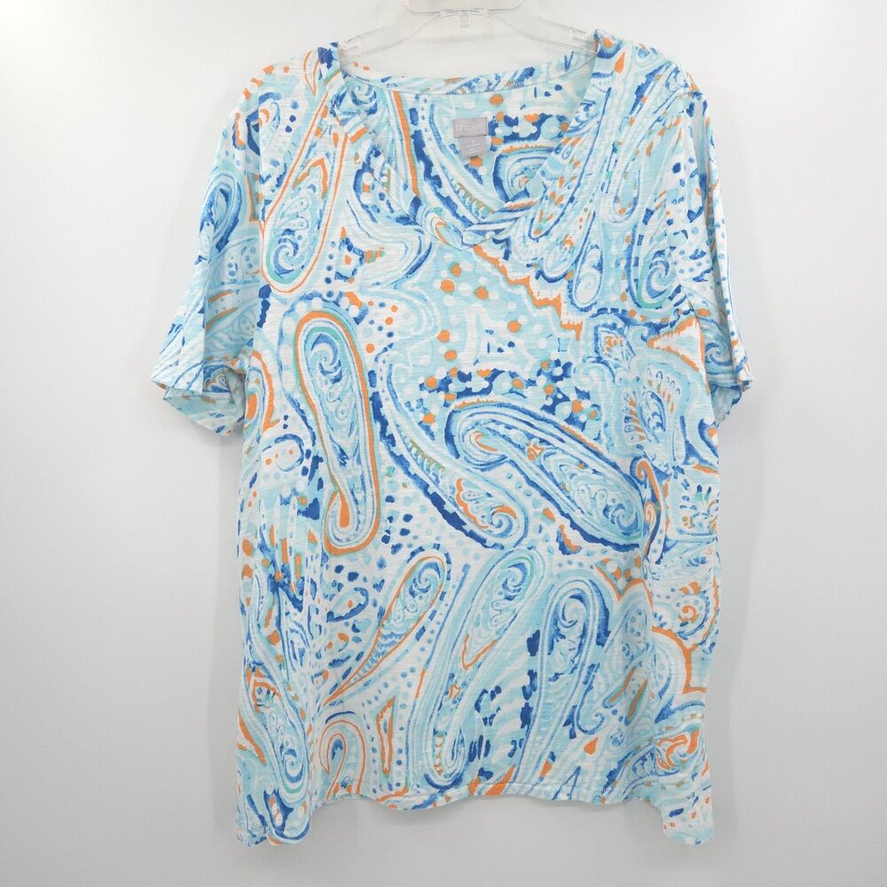 Chico's paisley v-neck tee t-shirt womens Size 3 (XL) blue‎ short sleeve beach